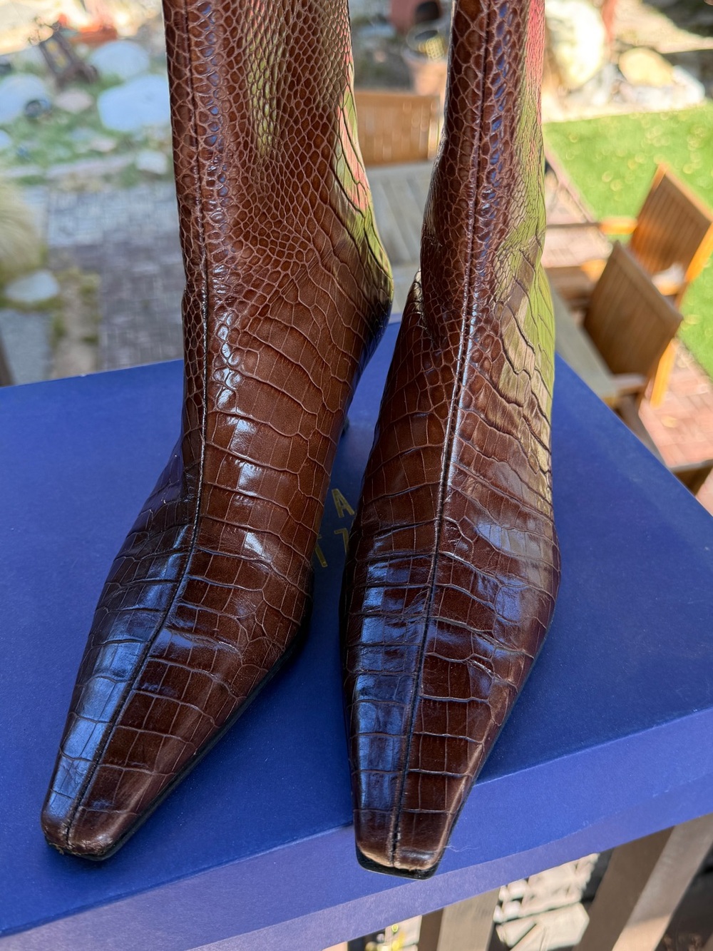 Stuart Weitzman Dark Brown Croc-Embossed Pointed Ankle Boots